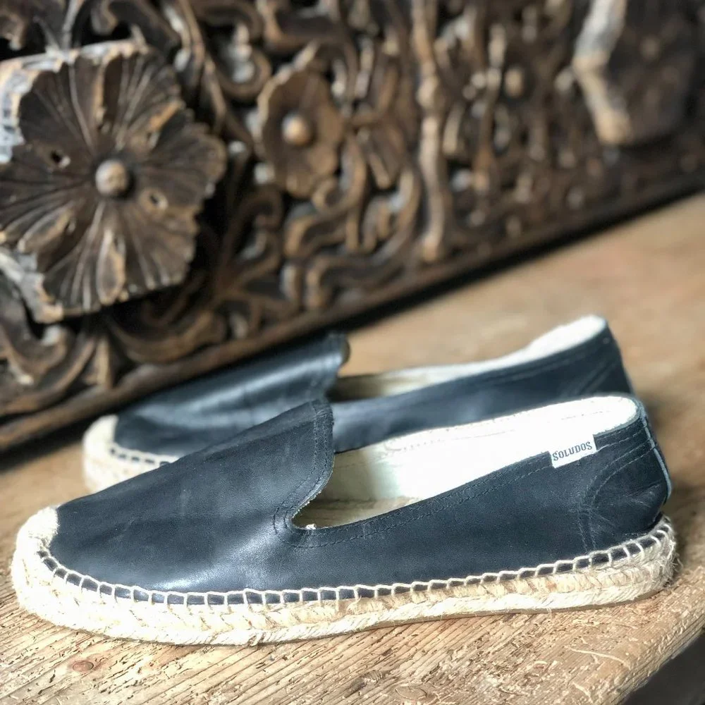 NWOT Soludos Black Leather Espadrille Smoking Slipper 11M